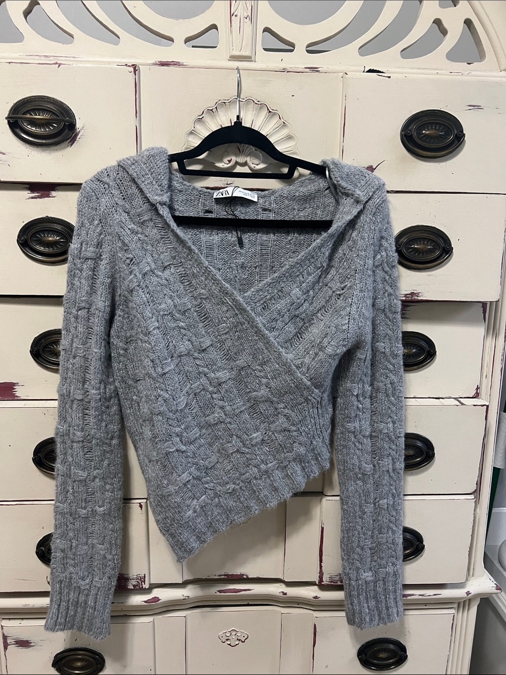 Zara Light Gray Cable-Knit Wrap V-Neck Sweater